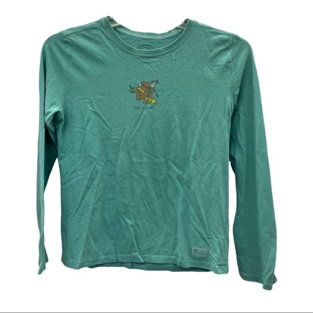 LIFE IS GOOD T-Shirt Long Sleeved Green Girl in Chair with Dog/Coffee Size Small